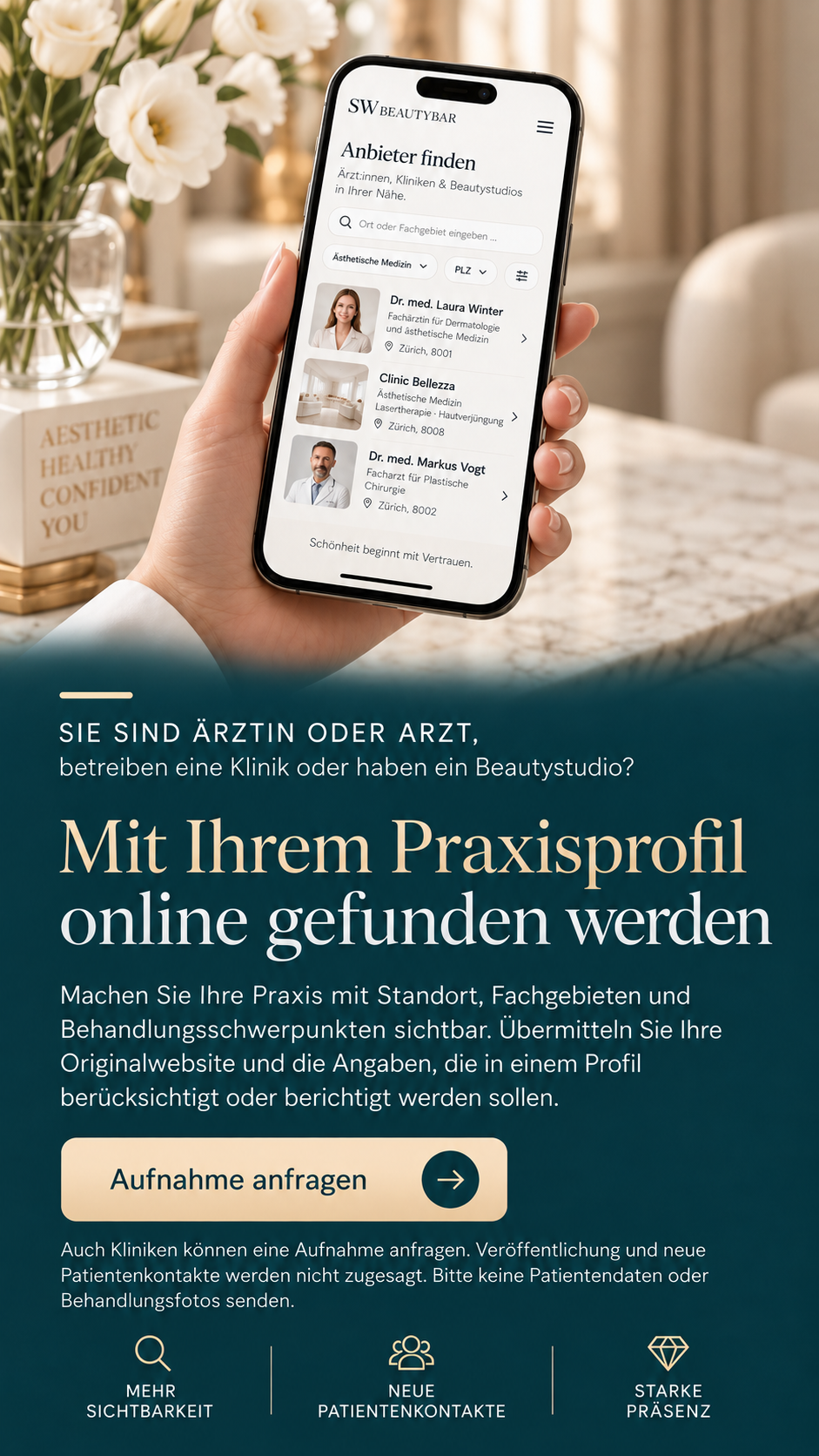 Symbolbild: Eine Hand hält ein Smartphone mit einer beispielhaften SW-Beautybar-Anbietersuche.